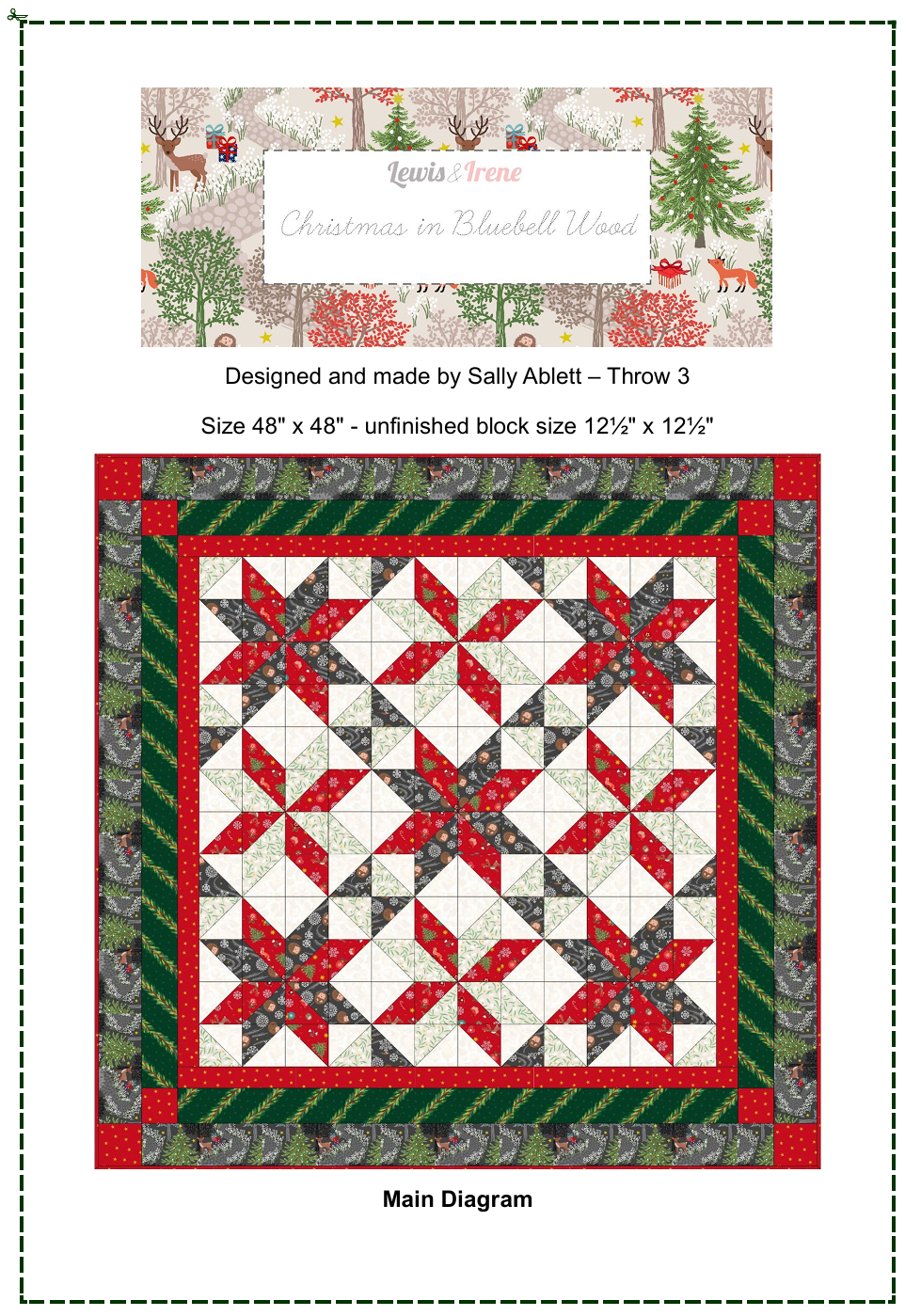 Quilt Throw Quilt Top Kit 3 - Christmas in Bluebell Wood (with gold metallic) -Size 48" x 48" designed by Sally Ablett for Lewis & Irene