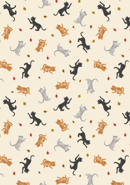 Small Things - Snuggle Season - Cats and falling leaves on cream by Lewis & Irene - by Length & Fat Quarters