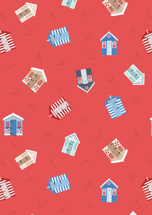 Small Things Coastal - Beach huts on light red Fabric Collection by Lewis & Irene by Length & Fat Quarter
