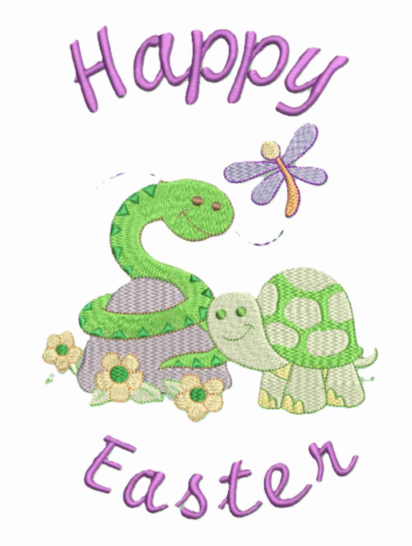 Happy Easter Purple Letters Baby Snake and Baby Turtle Design Embroidered on Organic Cotton Long and Short Sleeve Baby Bodysuit. Comfortable and soft.