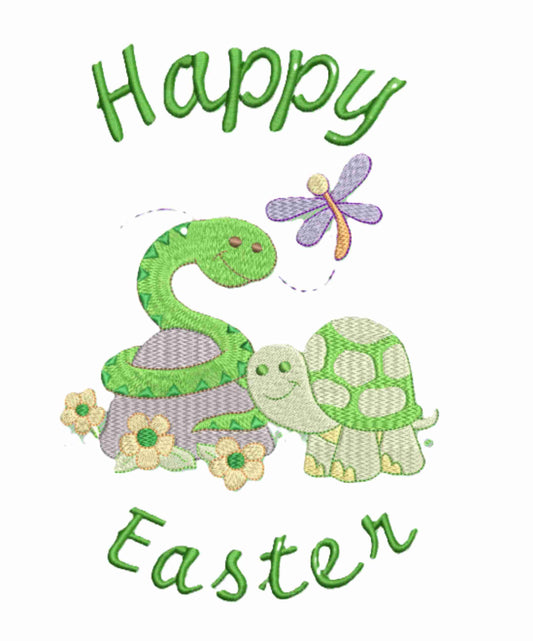 Happy Easter Baby Snake and Baby Turtle  Design Embroidered on Organic Cotton Long and Short Sleeve Baby Bodysuit. Comfortable and soft.