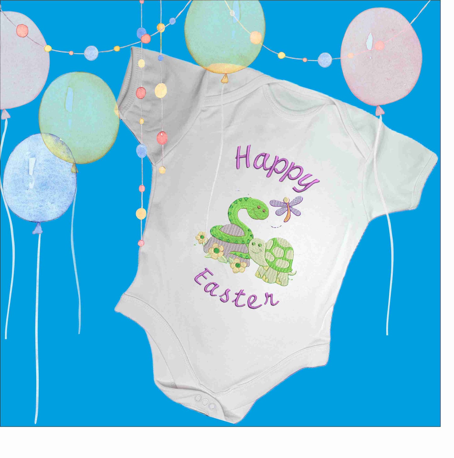 Happy Easter Purple Letters Baby Snake and Baby Turtle Design Embroidered on Organic Cotton Long and Short Sleeve Baby Bodysuit. Comfortable and soft.