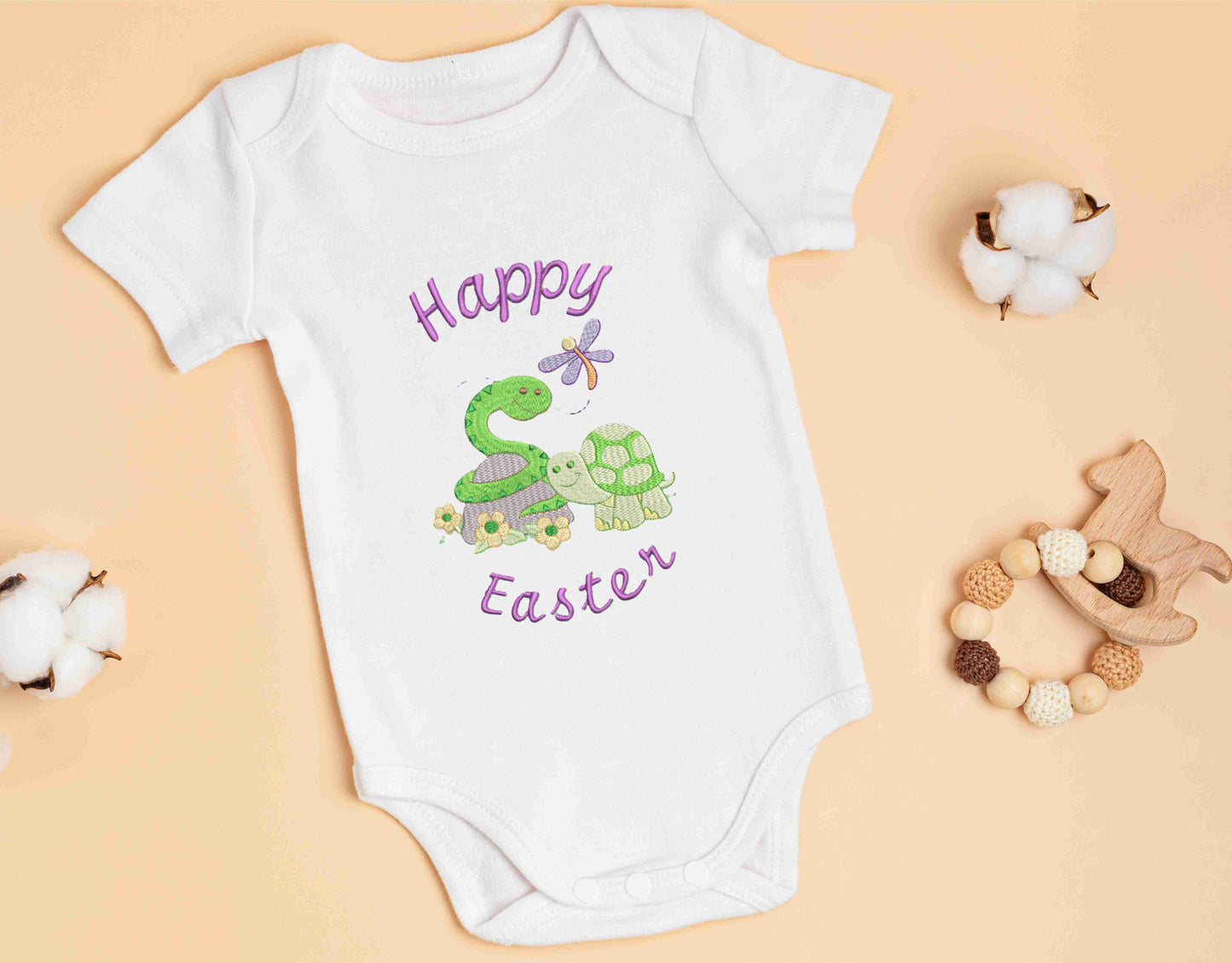Happy Easter Purple Letters Baby Snake and Baby Turtle Design Embroidered on Organic Cotton Long and Short Sleeve Baby Bodysuit. Comfortable and soft.