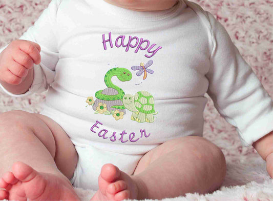 Happy Easter Purple Letters Baby Snake and Baby Turtle Design Embroidered on Organic Cotton Long and Short Sleeve Baby Bodysuit. Comfortable and soft.