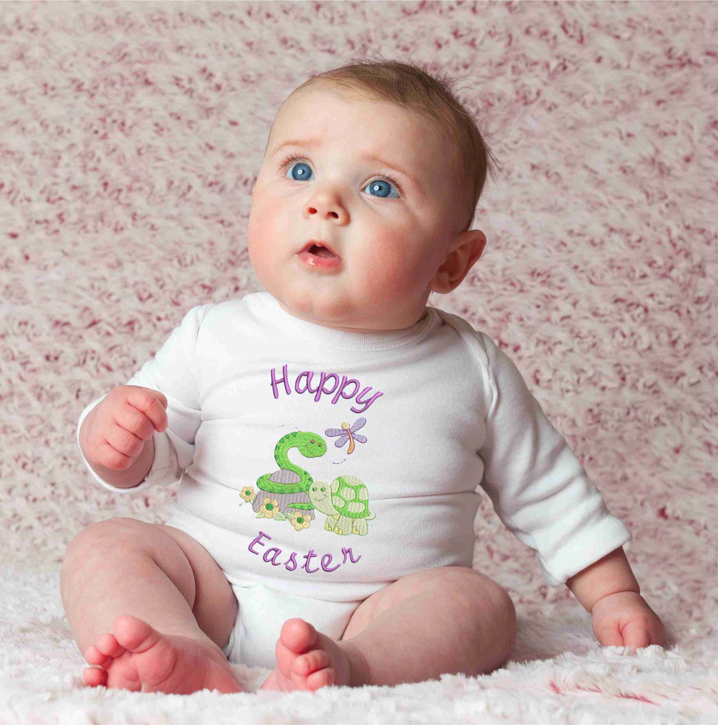 Happy Easter Purple Letters Baby Snake and Baby Turtle Design Embroidered on Organic Cotton Long and Short Sleeve Baby Bodysuit. Comfortable and soft.