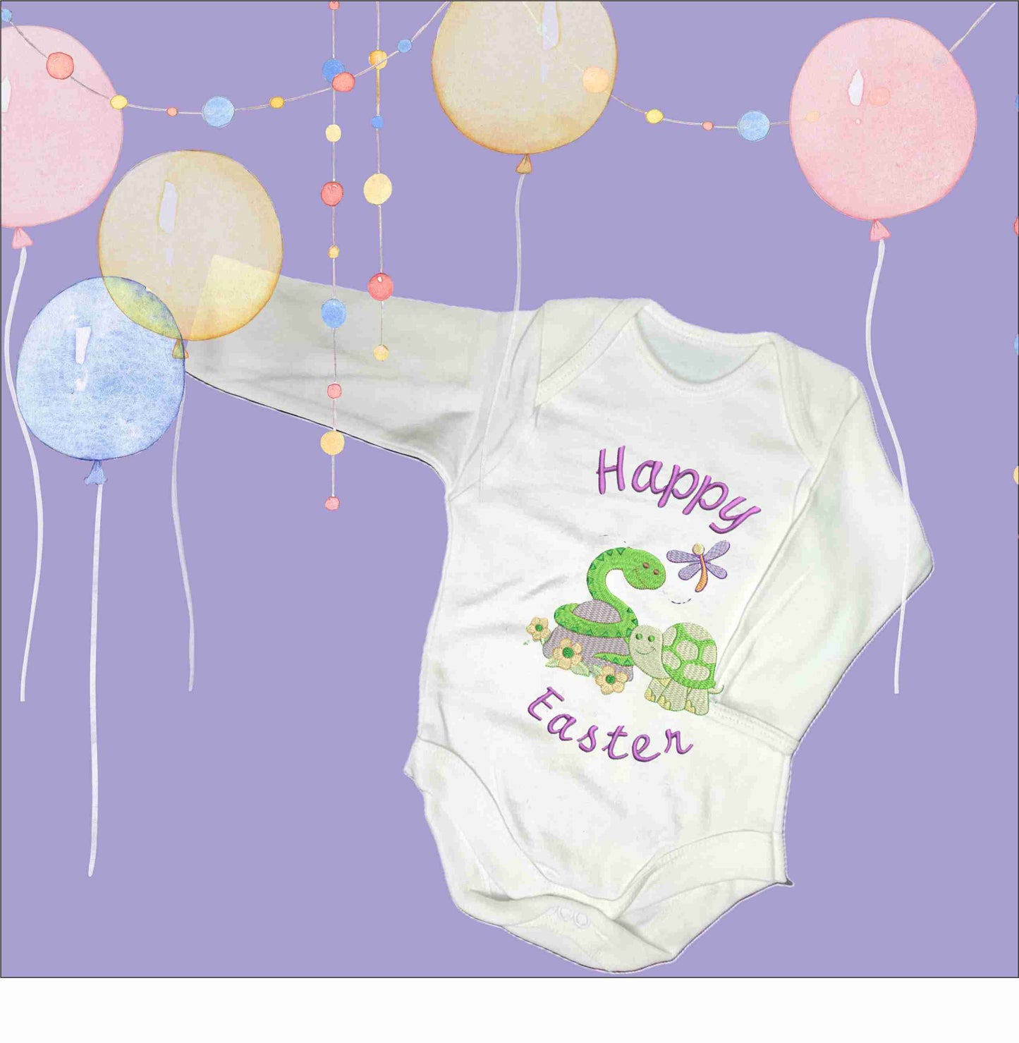 Happy Easter Purple Letters Baby Snake and Baby Turtle Design Embroidered on Organic Cotton Long and Short Sleeve Baby Bodysuit. Comfortable and soft.