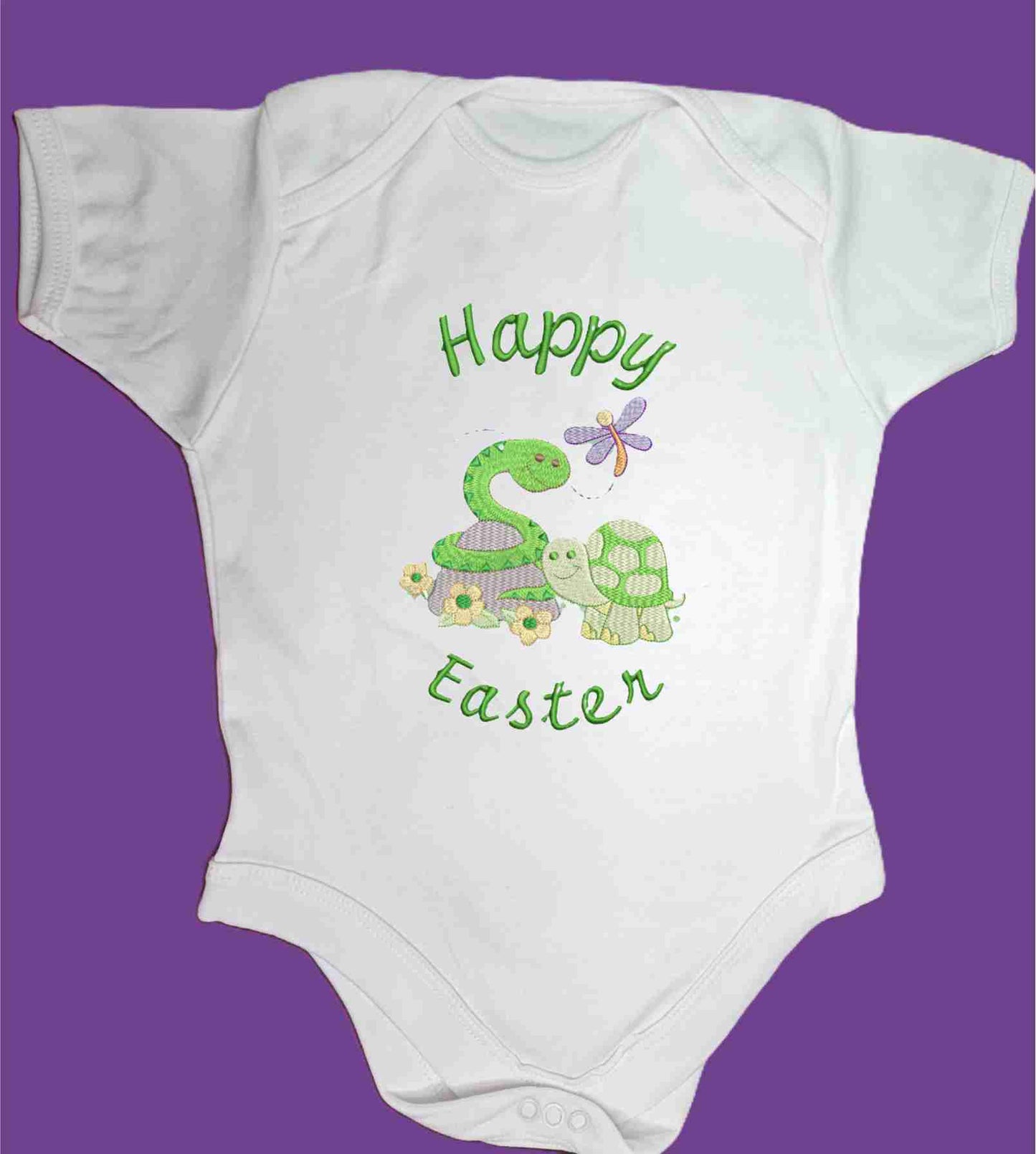Happy Easter Baby Snake and Baby Turtle  Design Embroidered on Organic Cotton Long and Short Sleeve Baby Bodysuit. Comfortable and soft.