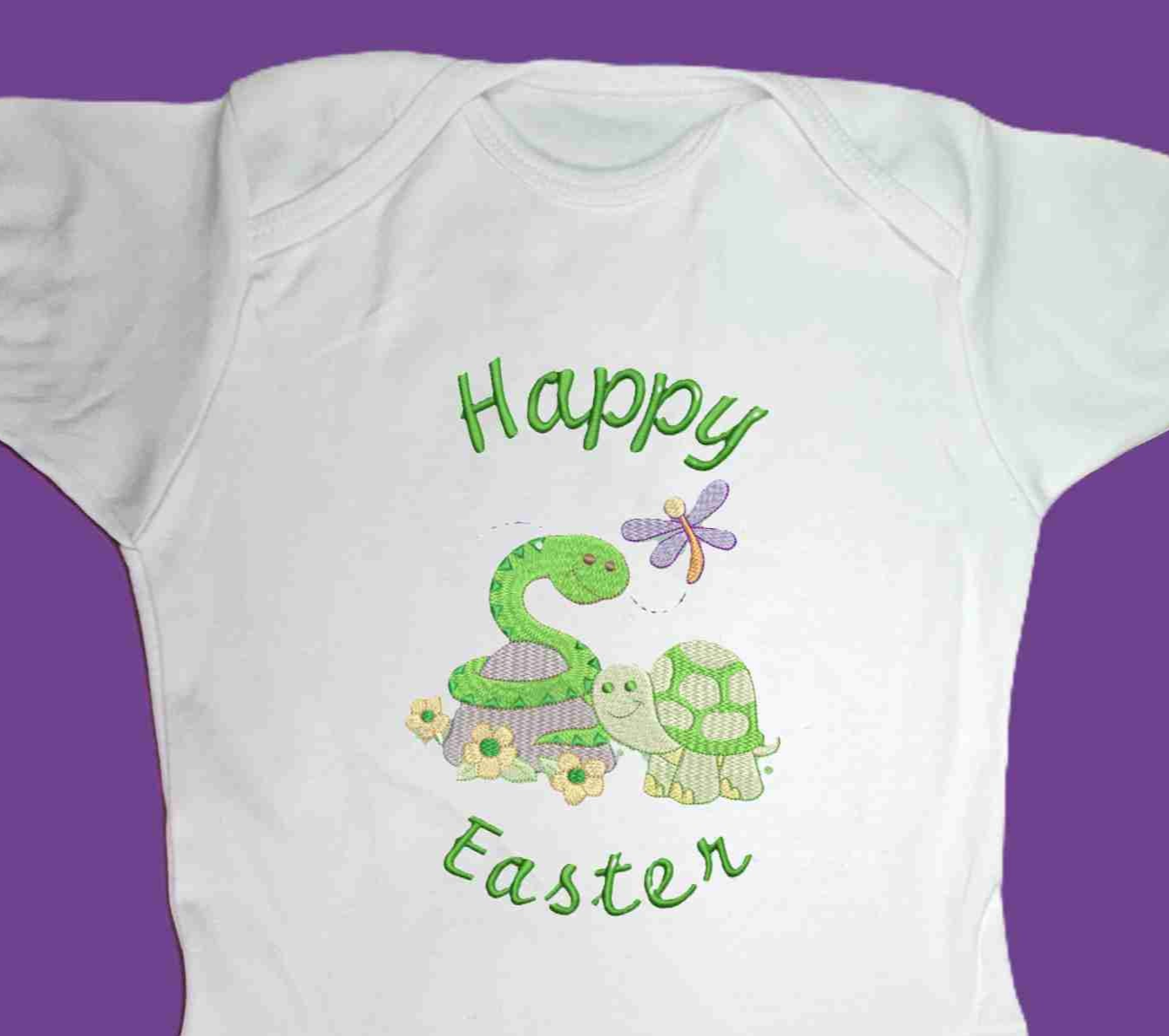 Happy Easter Baby Snake and Baby Turtle  Design Embroidered on Organic Cotton Long and Short Sleeve Baby Bodysuit. Comfortable and soft.