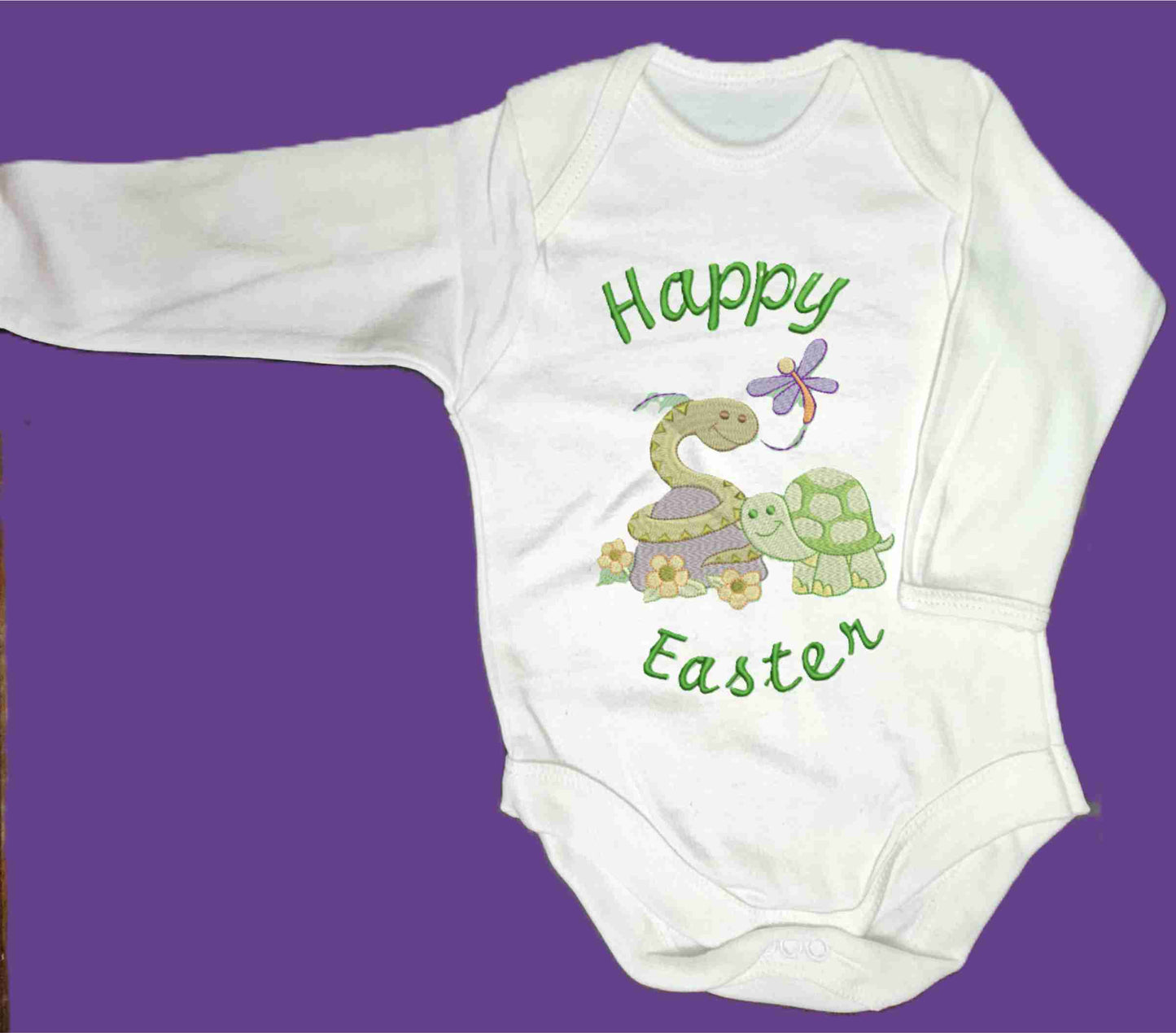 Happy Easter Baby Snake and Baby Turtle  Design Embroidered on Organic Cotton Long and Short Sleeve Baby Bodysuit. Comfortable and soft.