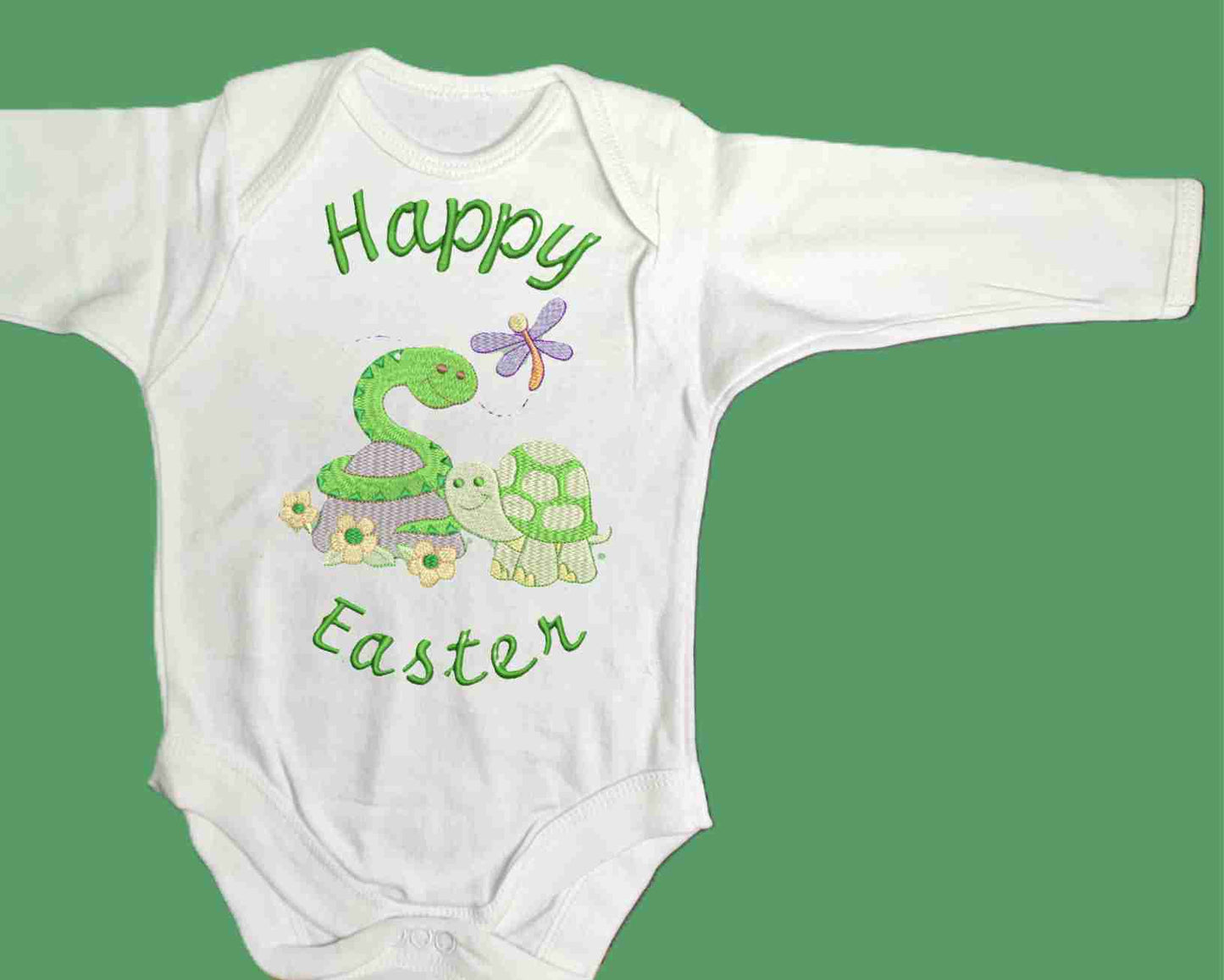 Happy Easter Baby Snake and Baby Turtle  Design Embroidered on Organic Cotton Long and Short Sleeve Baby Bodysuit. Comfortable and soft.