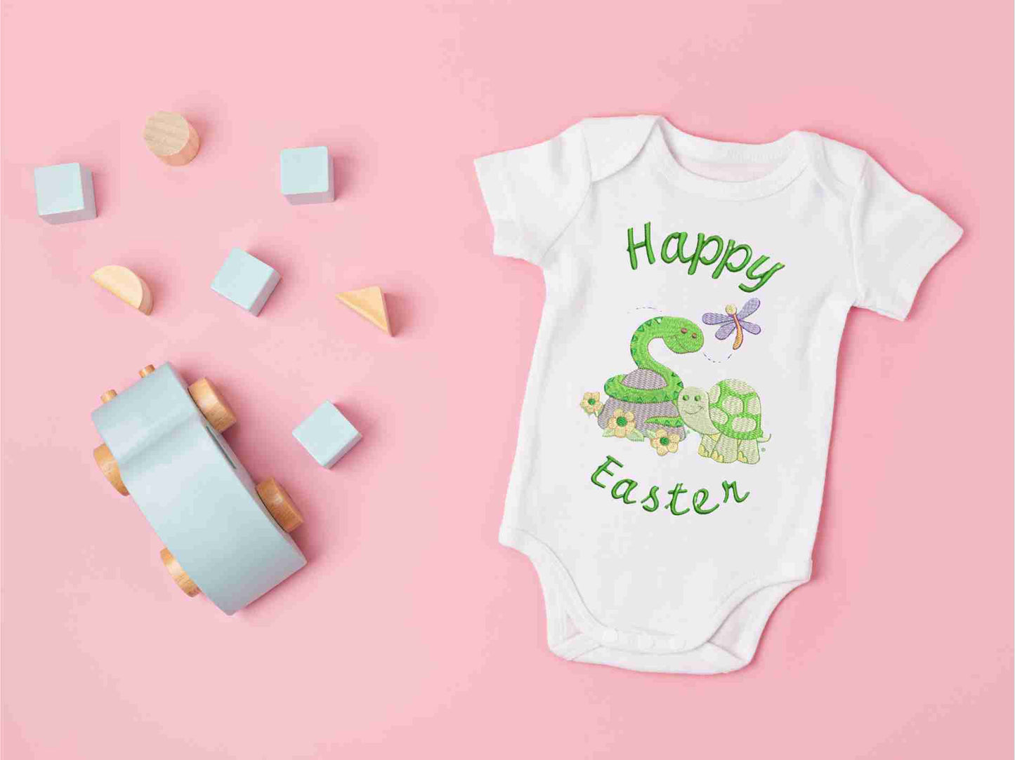 Happy Easter Baby Snake and Baby Turtle  Design Embroidered on Organic Cotton Long and Short Sleeve Baby Bodysuit. Comfortable and soft.