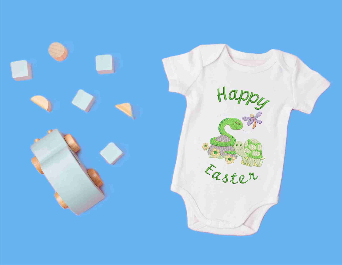 Happy Easter Baby Snake and Baby Turtle  Design Embroidered on Organic Cotton Long and Short Sleeve Baby Bodysuit. Comfortable and soft.