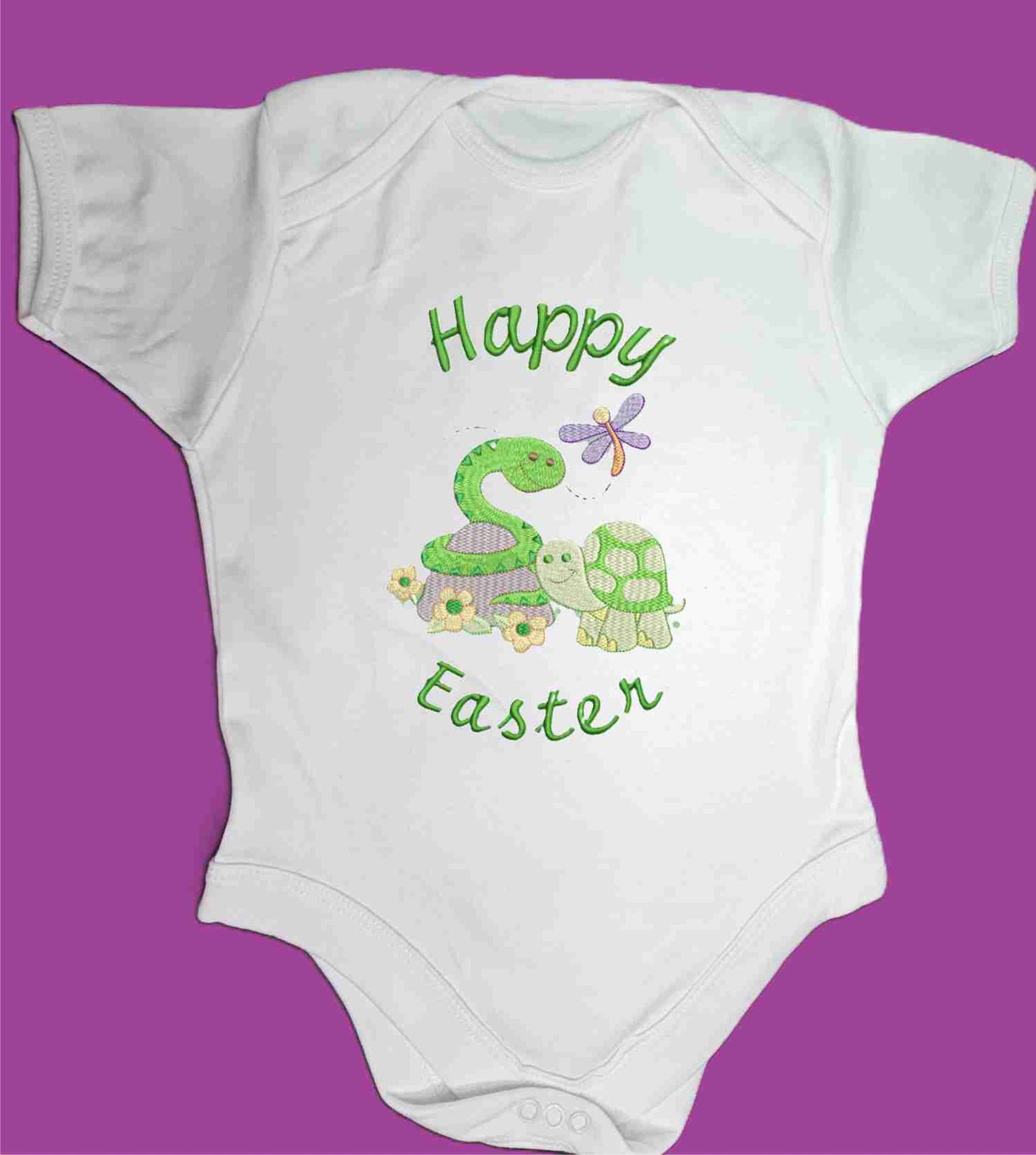 Happy Easter Baby Snake and Baby Turtle  Design Embroidered on Organic Cotton Long and Short Sleeve Baby Bodysuit. Comfortable and soft.