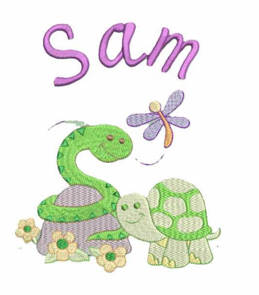Personalised Baby Snake and Baby Turtle enjoying the spring with their little Dragonfly friend.  Design Embroidered on Organic Cotton Long and Short Sleeve Baby Bodysuit. Comfortable and soft.