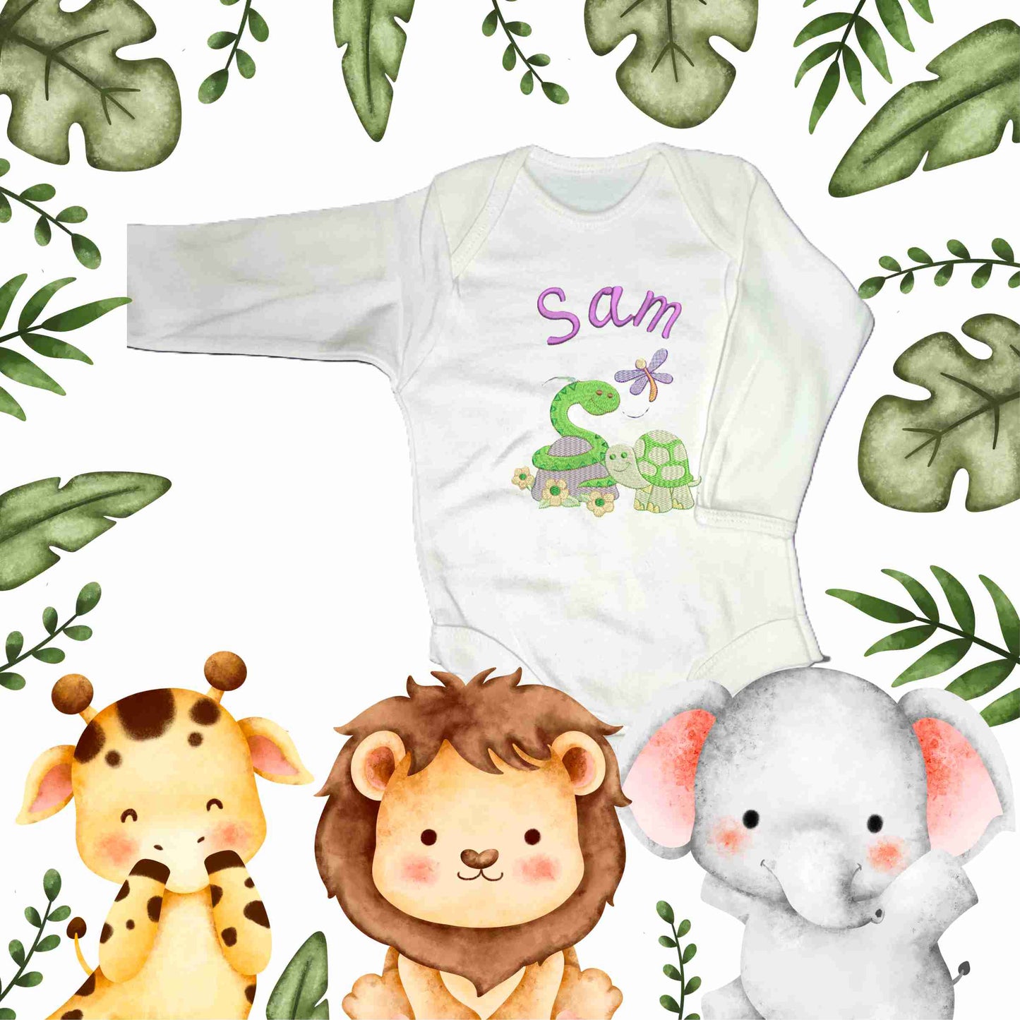 Personalised Baby Snake and Baby Turtle enjoying the spring with their little Dragonfly friend.  Design Embroidered on Organic Cotton Long and Short Sleeve Baby Bodysuit. Comfortable and soft.