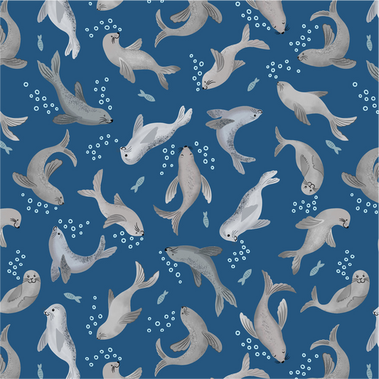 Seal bubbles on dark blue - Puffin Rock Collection by Lewis & Irene - Available Now