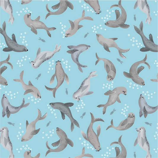 Seal bubbles on light blue - Puffin Rock Collection by Lewis & Irene - Available Now