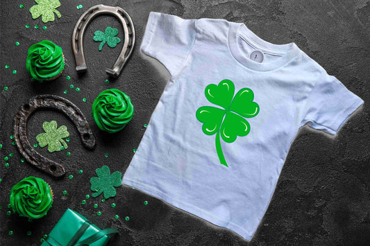 St Patrick's Day - Shamrock for Toddlers, and Youth on Neon Green Vinyl. Cotton Short Sleeve White T-Shirt. Comfy and excellent quality Tees.