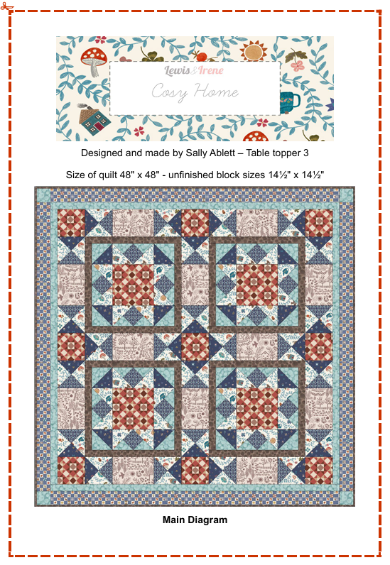 Quilt Top Table Topper Kit 3 - Cosy Home designed by Sally Ablett for Lewis & Irene Fabrics, 48"x48"