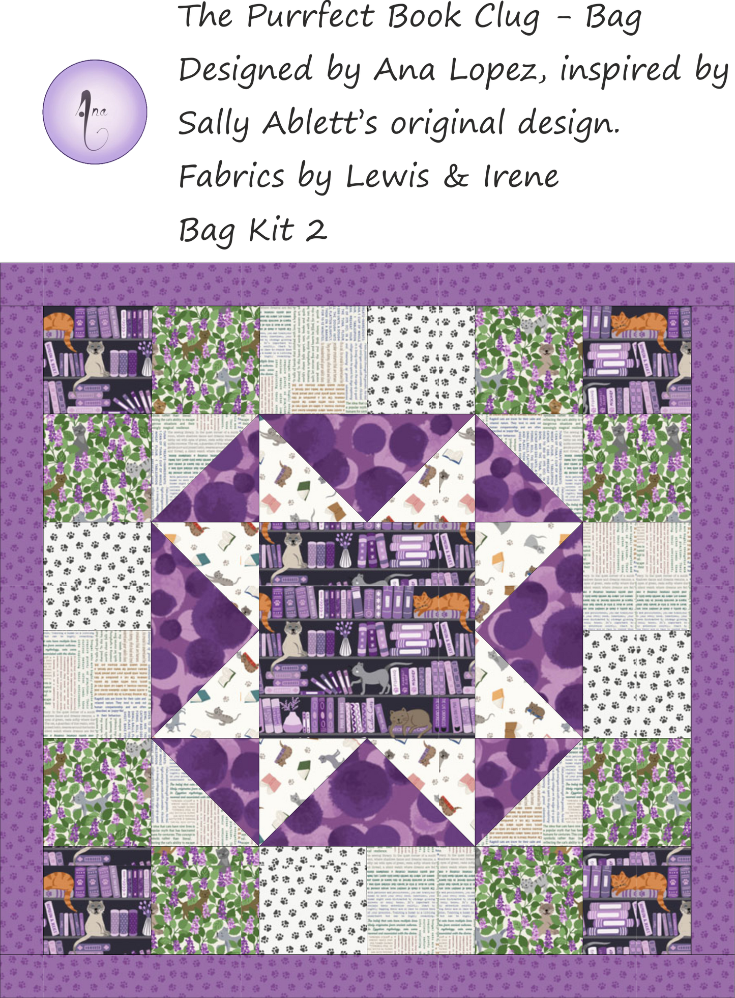 Bag Kit with The Purrfect Book Club fabrics by Lewis & Irene
