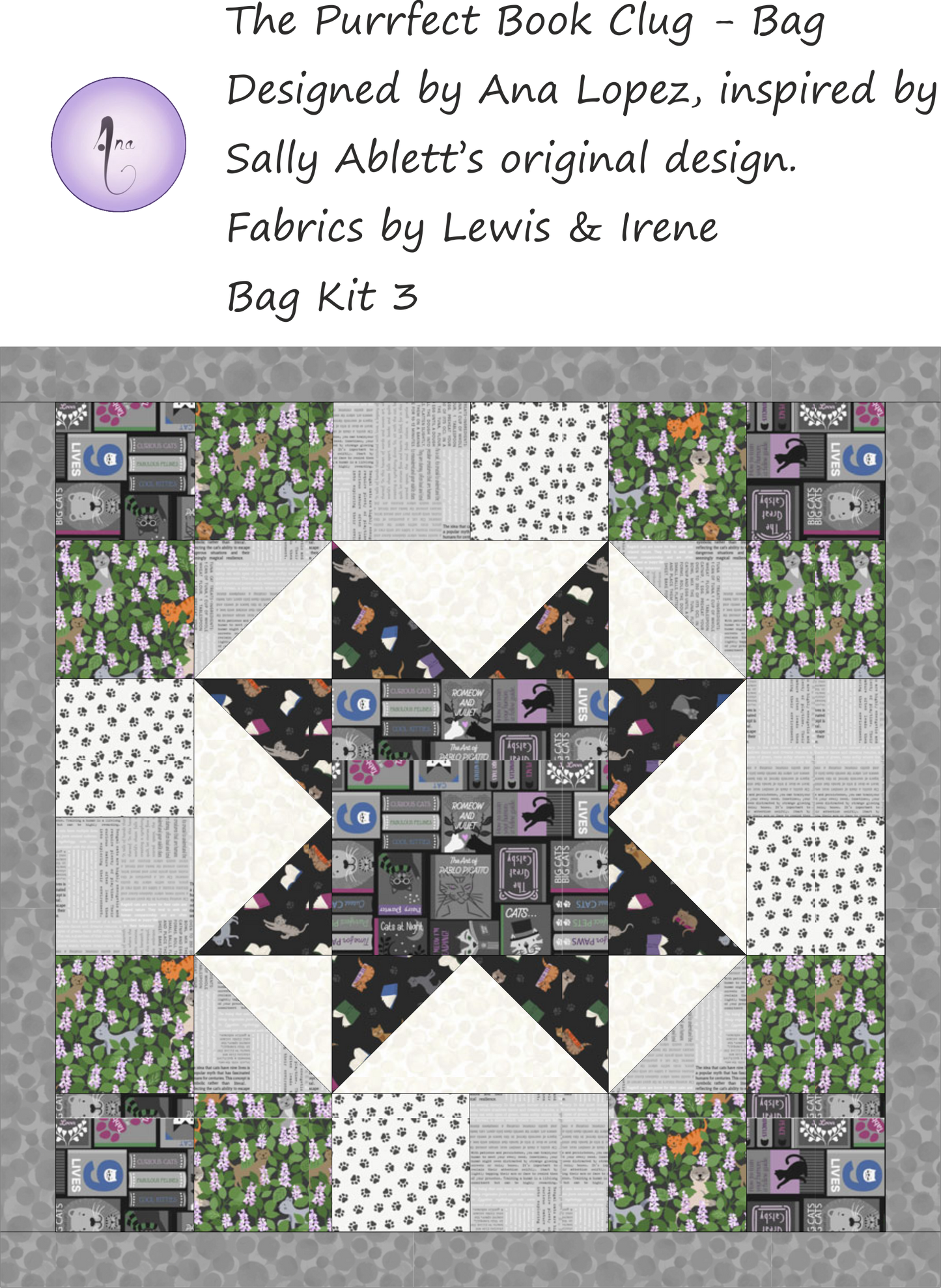 Bag Kit with The Purrfect Book Club fabrics by Lewis & Irene