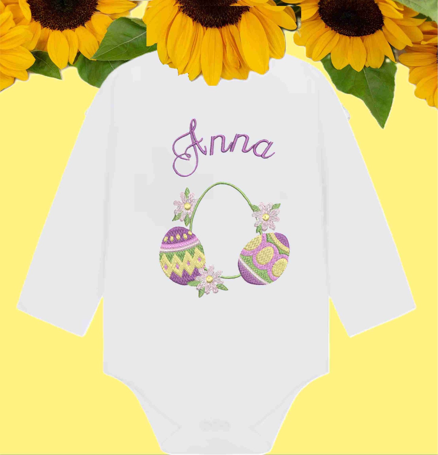 Personalised Baby Bodysuit - Easter Eggs Design Embroidered on Organic Cotton Long and Short Sleeve Baby Bodysuit. Comfortable and soft.