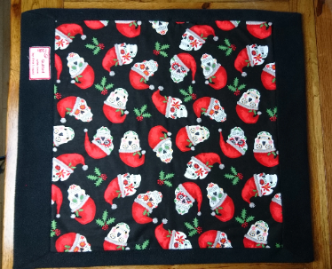 Christmas Sugar Skulls Handmade Pet blanket. Double sided, cotton on one side, black fleece on the back. Personalised. Handmade, soft, comfy.