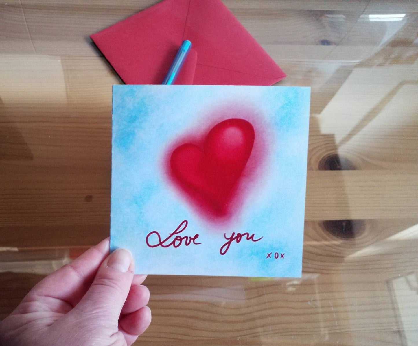 Love You Greeting Card for Valentine's, Anniversary, Birthday, with Crimson envelope and acetate sleeve. 12 x 12 cm