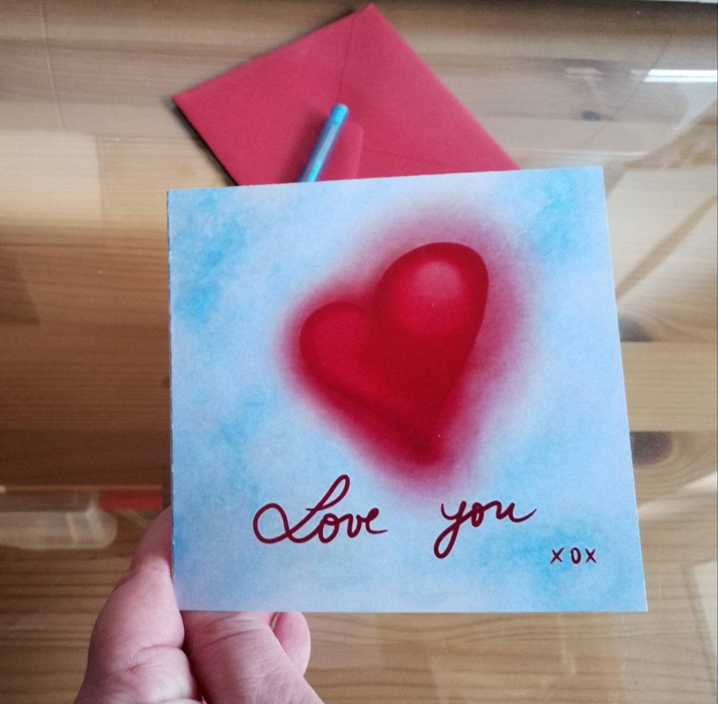 Love You Greeting Card for Valentine's, Anniversary, Birthday, with Crimson envelope and acetate sleeve. 12 x 12 cm
