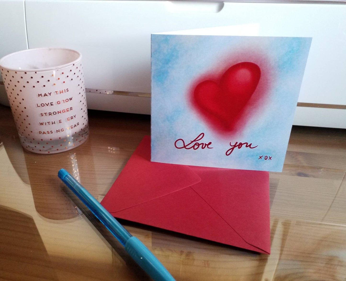 Love You Greeting Card for Valentine's, Anniversary, Birthday, with Crimson envelope and acetate sleeve. 12 x 12 cm