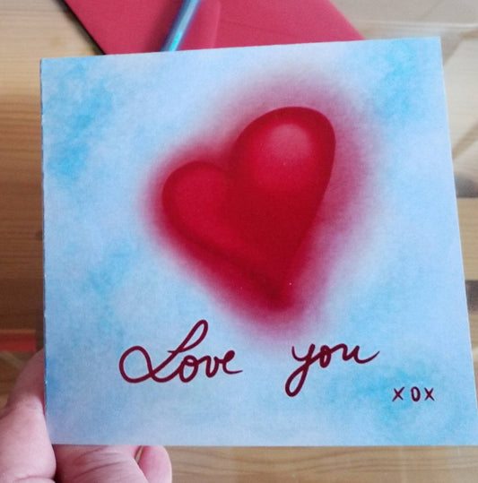 Love You Greeting Card for Valentine's, Anniversary, Birthday, with Crimson envelope and acetate sleeve. 12 x 12 cm
