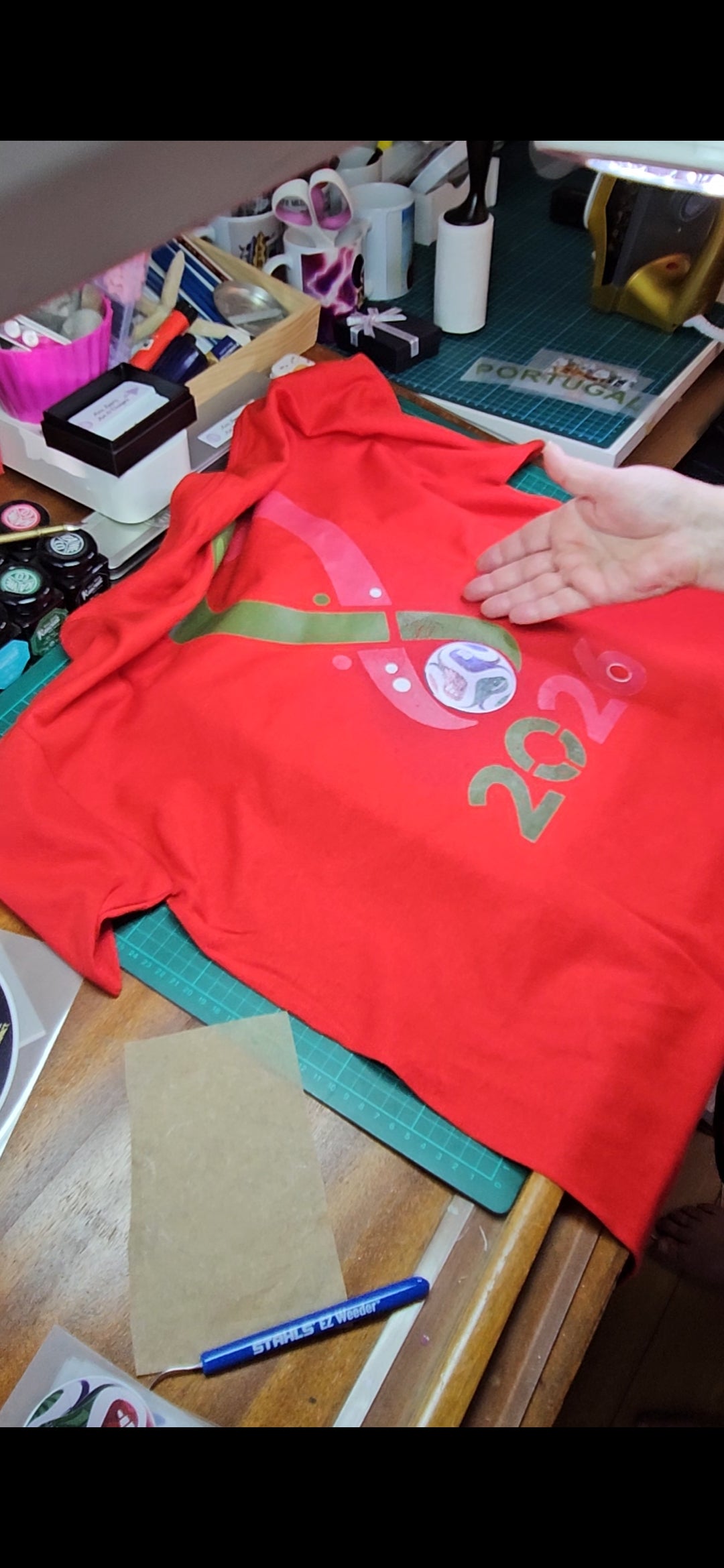 Portuguese World Cup Football on Red T-Shirt. High quality cotton Tees
